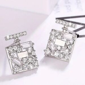 SQUARE SILVER FRAGRANCE BOTTLE EARRINGS  FILLED WITH CRYSTALS AND RHINESTONES